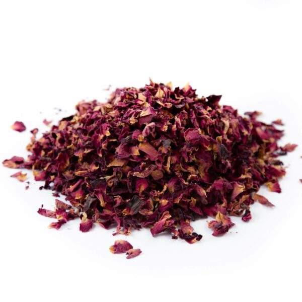 A loose set of dried red rose petals
